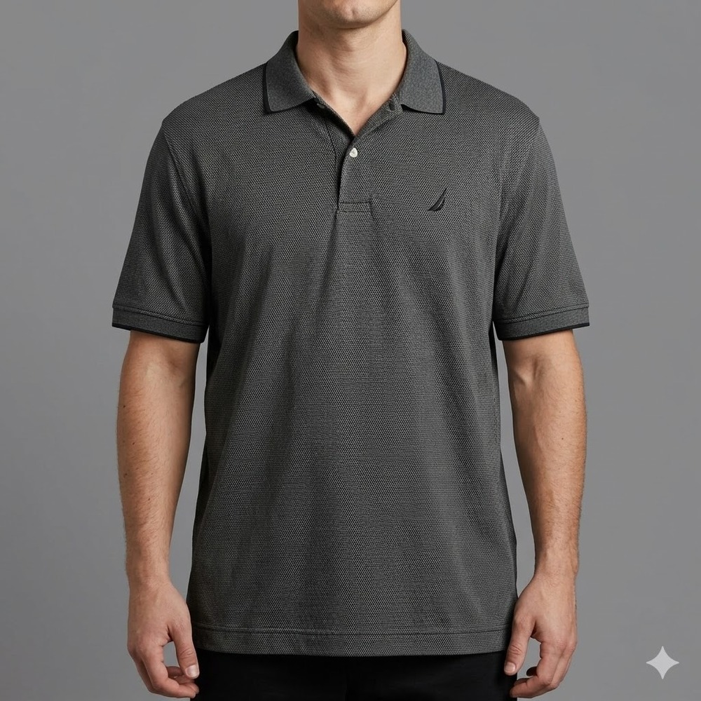 Nautica Polo Shirt XL Mercerized Cotton Dark Grey Black Micro-Dot EUC